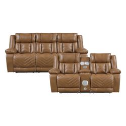 BRAND NEW BROWN SYNTHETIC LEATHER POWER Power Double Reclining Sofa + Loveseat with Center Drop-Down Cup Holders, Wireless Charger, Magazine Bag, LED 