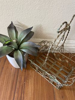 Beautiful golden metal basket $10 & artificial plant $7