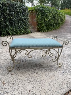 Decorative Metal Accent Bench with Blue Upholstered Seat