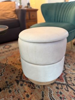 White Mid Century Modern Cream and light wood side stool with storage