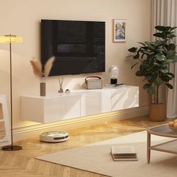 63" TV Stand Hanging TV Consoles Wall TV Cabinet with LED Entertain - White