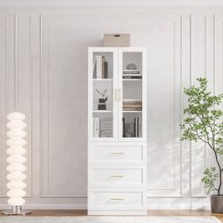 Bookcase with Glass Doors & Drawers, 5 Tier Bookshelf with Adjustable Shelf, Modern Large Storage Di