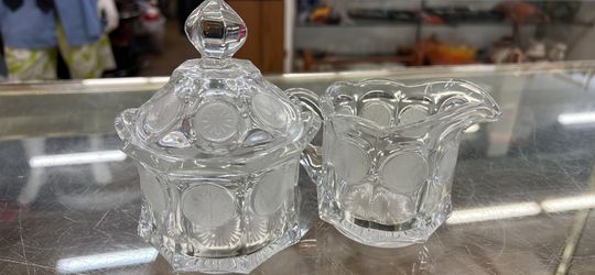 Fostoria Coin Glass - Clear.  Creamer And Sugar W Lid 