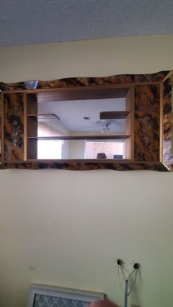 Mirror With Attached Shelf, Old Style Clock And Small Cabinet. 