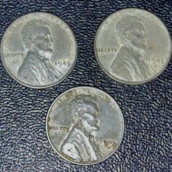 3 For $10 Steel Pennies WW2 Wartime 1943 Wheat Penny Steelie Coins US Cents