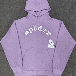 lavender vvs spider hoodie with white lettering 