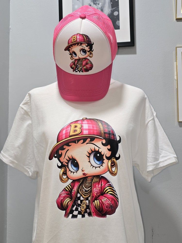 Matching Custom Hat & T-Shirt Set | Pink Betty Boop Style | Trendy Streetwear Outfit