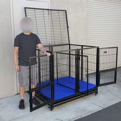 (New) $280 X-Large 49” Heavy-Duty Folding Dog Cage 49x38x43” Two-Door Crate Kennel w/ Divider 