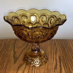 Vintage MCM LE Smith Glass Moon And Stars Amber Compote Pedestal Bowl 8”w X 7”t