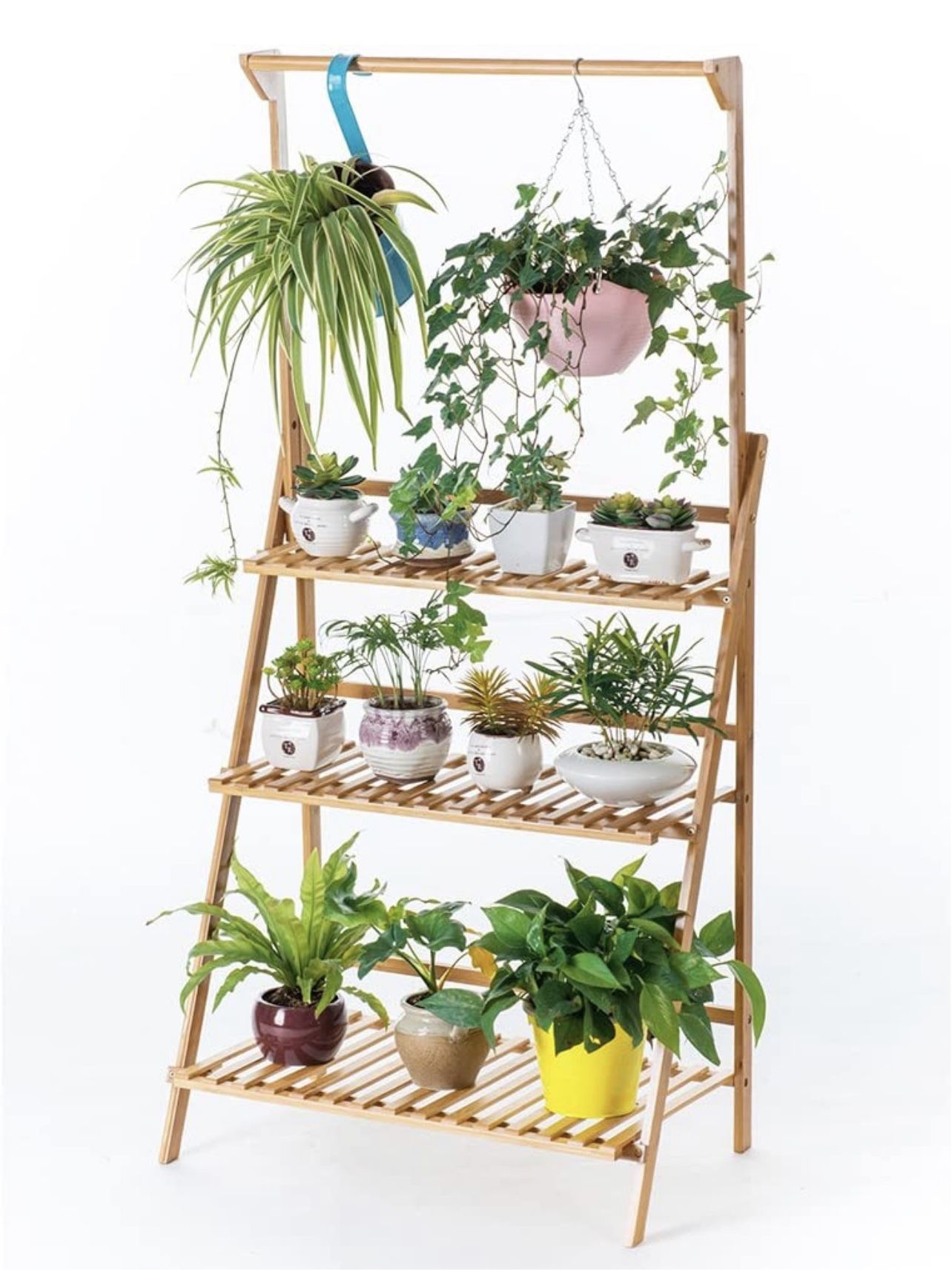 Brand New Bamboo 3-Tier Hanging Plant Stand Planter Shelves Flower Pot Organizer Rack Folding Display Shelving Plants Shelf Unit Holder