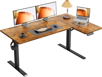 55"/63" Reversible L-Shaped Electric Standing Desk - White/Brown