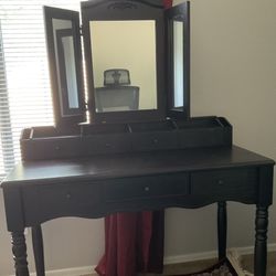 VANITY WITH MIRROR AND WOODEN STOOL 