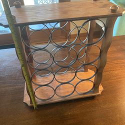 4 bottle wood/ metal Vtg Wine Rack 17”x8”