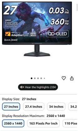 Alienware AW2725DF OLED Gaming Monitor - 26.7-inch Quantom-Dot WQHD (2560x1440) 360Hz 0.03Ms Display, AMD FreeSync Premium Pro, HDMI/DP/USB 3.2 Gen1, 