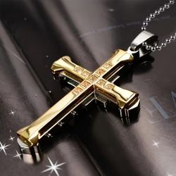 Multi-layer 2-Tone CZ Cross Pendant Necklace 