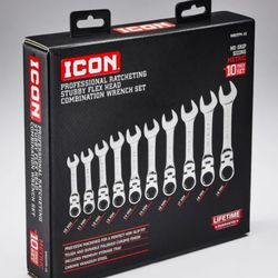 ICON Professional Stubby Flex-Head Metric Ratcheting Combination Wrench Set 10-Piece