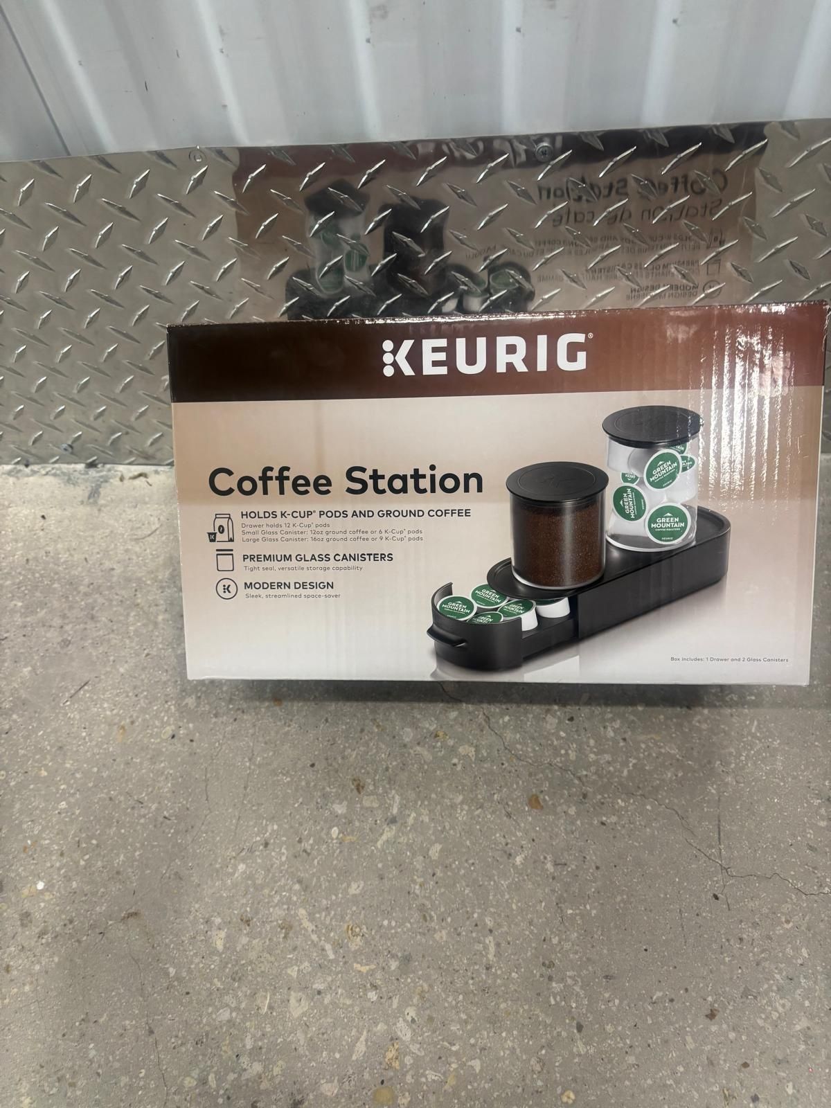 Keurig Coffee Station, a storage unit for K-Cup pods and ground coffee. It features a pull-out drawer that holds up to 12 K-Cup pods. Brand new