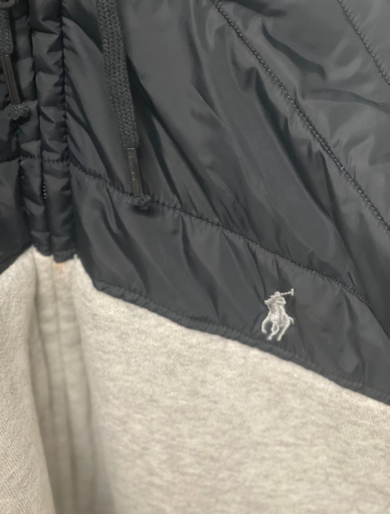Polo by Ralph Lauren Hooded Vest Sz L Black Gray Full Zip Stripes Bottom VGUC