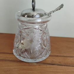ANTIQUE CUT CRYSTAL JAM JAR W/STERLING LID AND SPOON 