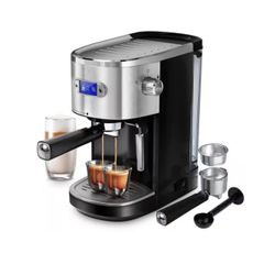 2-Cup Silver Stainless Steel All in 20-Bar Semi-Automatic Espresso Machine with Led Display and Steam Milk Foam 
