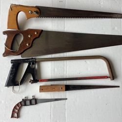 5 Antique + Vintage Handsaws Crosscut Keyhole Pruning Hacksaw Double Edged Preowned