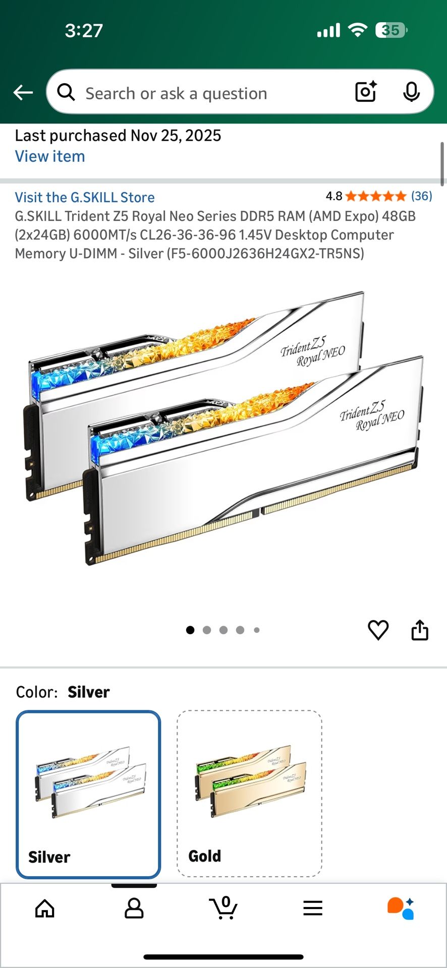 G.SKILL Trident Z5 Royal Neo Series DDR5 RAM (AMD Expo) 32GB (2x16GB) 6000MT/s CL26-36-36-96, Silver