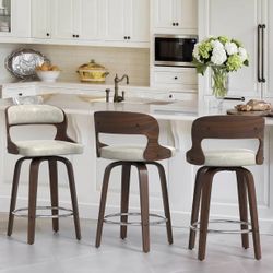 New assembled Barstools, Counter Height Bar Stools, 26" Faux Leather Swivel Counter Stools, Mid Century Bar Stool Set of 3, Swivel Bar Stool with Back