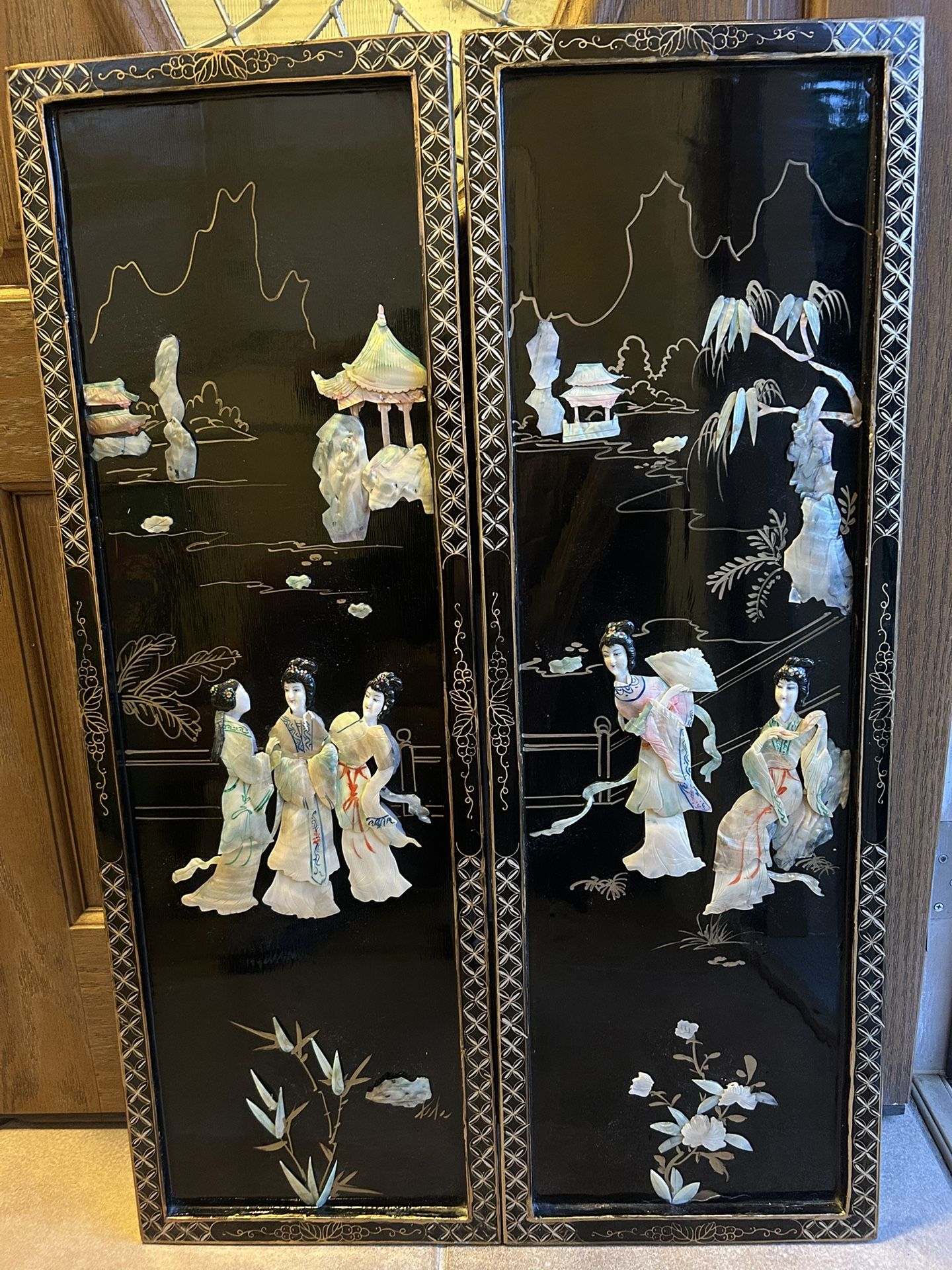 2 Vintage Asian Mother Of Pearl Soapstone Framed Art Wall Plaques | Black/Gold