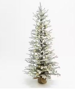 4 ft. PreLit Snow-Flocked Artificial Christmas Tree with Warm White Lights and Burlap Base