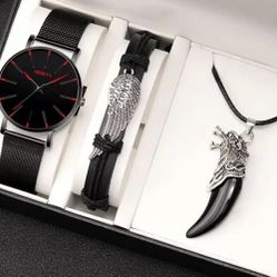 3PCS Set Fashion Mens Simple Watches Men Business Stainless Steel Mesh Belt Quartz Watch Male Necklace Bracelet Wristwatch