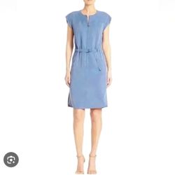 Akris chambray denim style zip front belted cinch waist dress 6