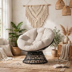 Swivel Papasan Chair — Black Wicker, Beige Cushion, Brand New