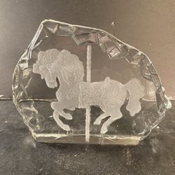 Vintage Glass 3D Etched Carrousel-Horse Paperweight/Bookend (Length: 7”)