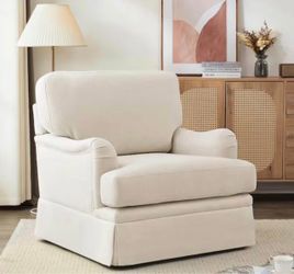 32 in. W Beige Fabric 360° Swivel Accent Chair Modern Upholstered Armchair Metal Base Barrel Sofa Ch