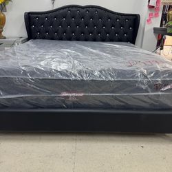 King Size Tufted Bed Frame + Mattress $1199 - Black Crystal Button Headboard
