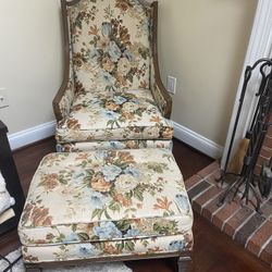 Vintage Chair And Ottoman Blue Tan Floral Nice Condition! 