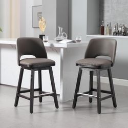 Swivel Bar Stools Set of 2, 26" Leather Counter Height Upholstered Barstools Dining Chairs with Solid Wooden Legs for Kitchen Island Dining Room (Leat