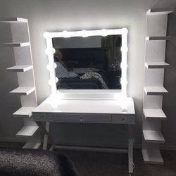 make up vanity with wall shelves 