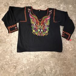 Mexican Embroidered Top small Black Floral Boho Hippie Shirt Blouse 3/4 sleeve