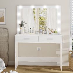 Vanity Desk with Mirror, Makeup Table with 2 Large Drawer 3 Color Modes Adjustable Bulb with Bench 