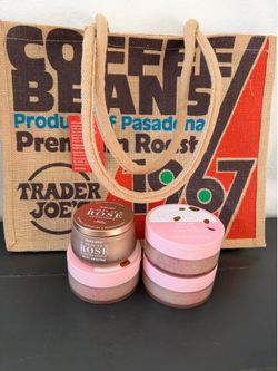 Trader Joe’s Rose Collection Gift Bundle | 3 Rose Oil Body Scrubs + Rose Candle + Coffee Beans Pasadena Jute Tote Bag