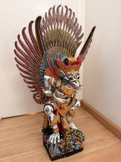 Large Balinese Style Garuda Hindu Deity Hand Carved Painted Wood Statue 33in