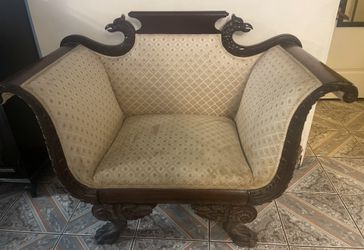 Antique Empire Style Carved Mahogany Armchair With Carved Serpent And Paw Feet
