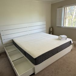 IKEA King Bed Set - Storage Frame, Mattress & NEW Bedding