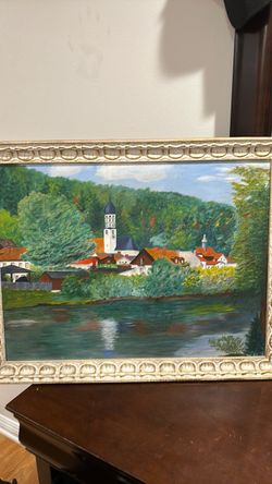 Original Mid Century Oil Painting Signed Marvin Nelson, Framed Impressionist European River Landscape Art, View of Clerval Camille Bombois