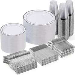 600 Piece Disposable Silver Plates for 100 Guests 