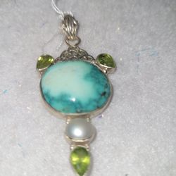 New 925 Turquoise  Pearls Peridot Pendant