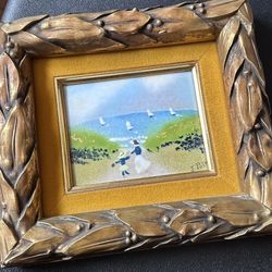 Vintage framed art J Polk folk art Seascape ocean sailboats woman child painting copper enamel