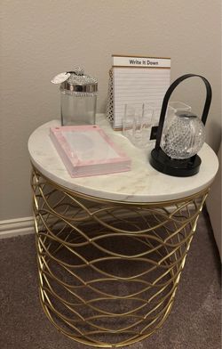 Round Side Table White Marble Top Gold Base