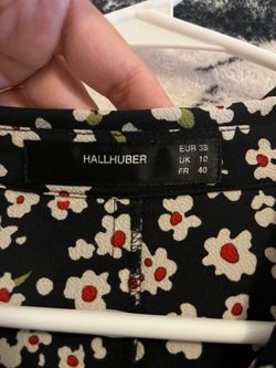 Hallhuber Black Floral Sweater Dress Nylon Collared Long Sleeve Button 38